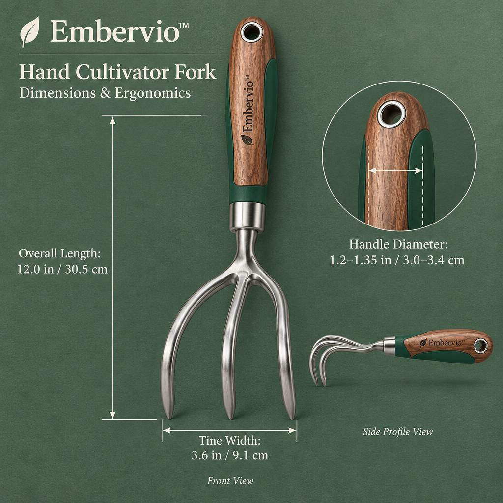Embervio Hand Cultivator Fork dimensions