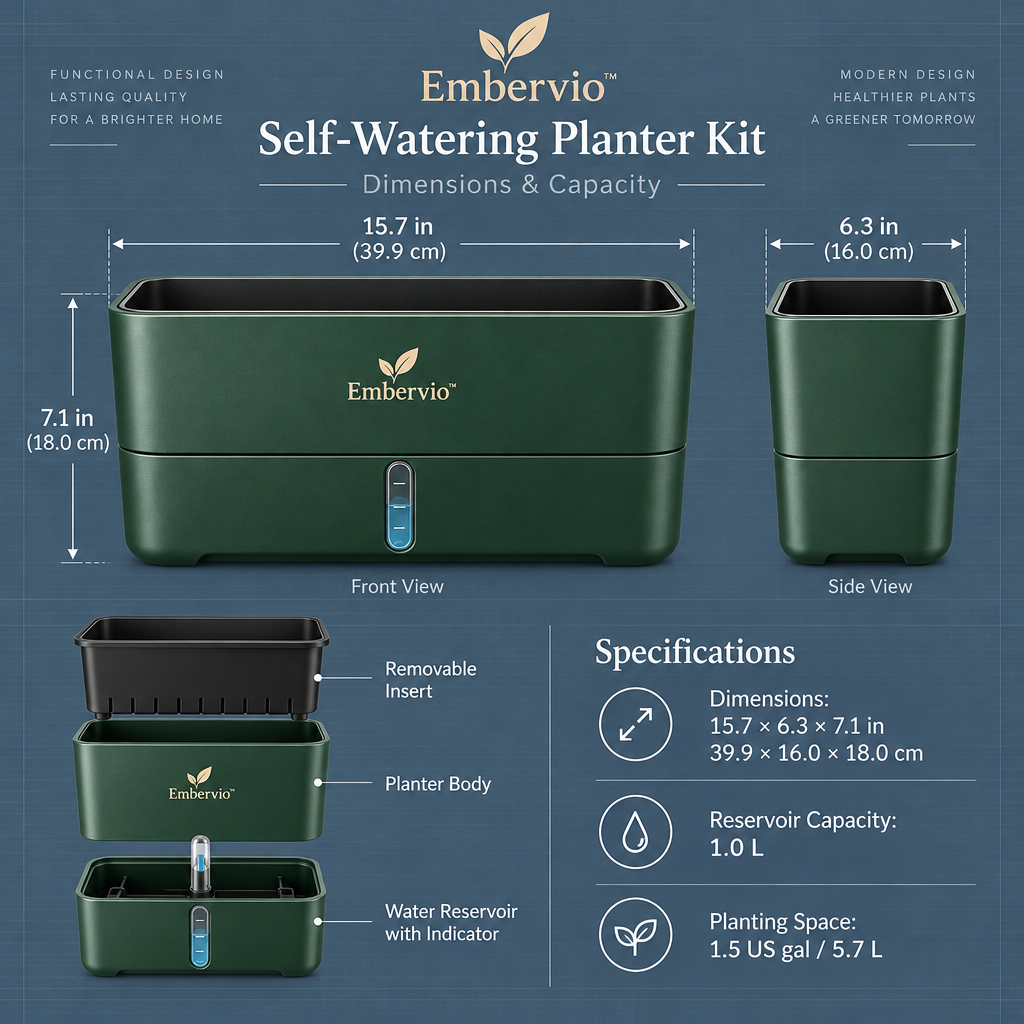 Embervio Self-Watering Planter Kit dimensions